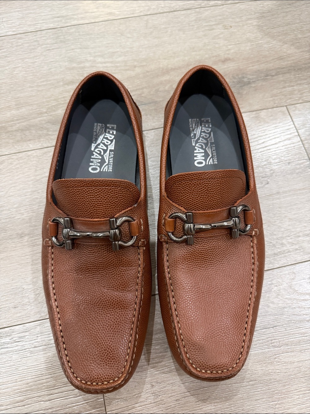 Salvatore Ferragamo Brown Pebble Leather Bit Slip-On Loafers